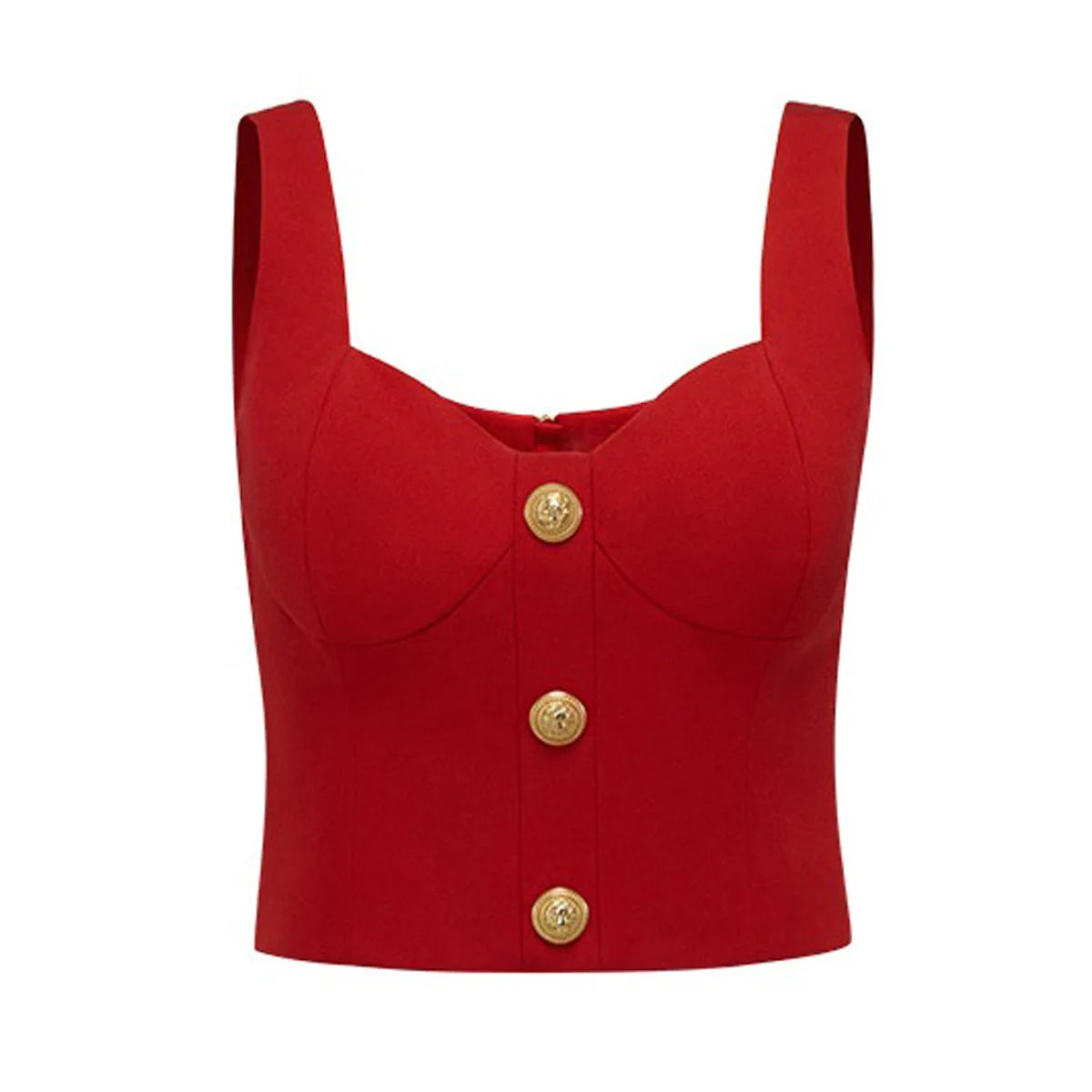 a woman wearing a red top with buttons