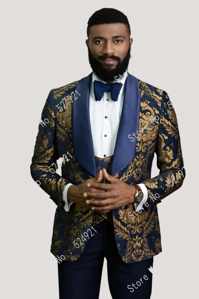Men’s Suits Gold and Navy Blue  Pattern Groom Tuxedos