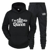 a black hoodie and sweatpants with the words i'm his queen printed