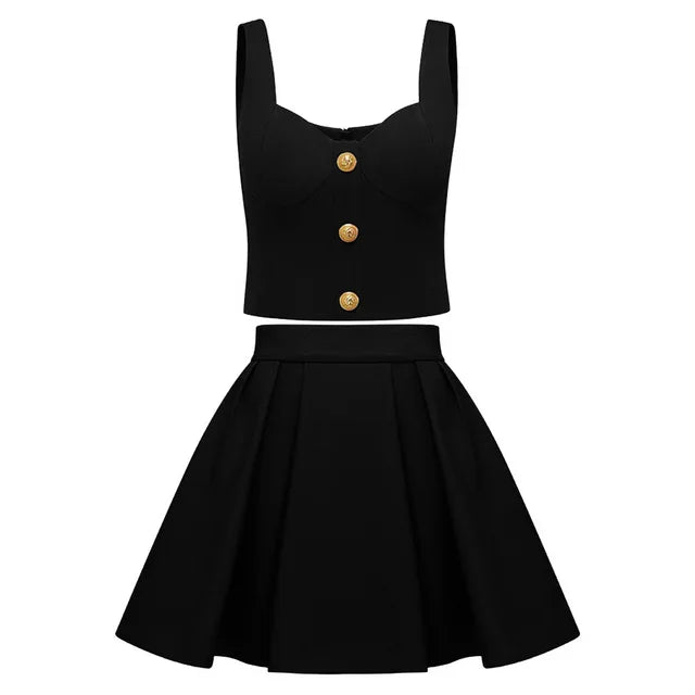 a black dress with gold buttons on it