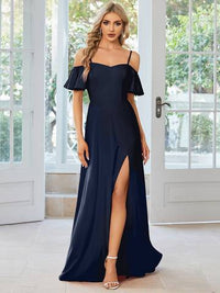 Off Shoulder Floor Length A Line Sleeveless Knitted Evening Dresses