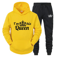 a yellow hoodie and black sweatpants with the words i'm his queen