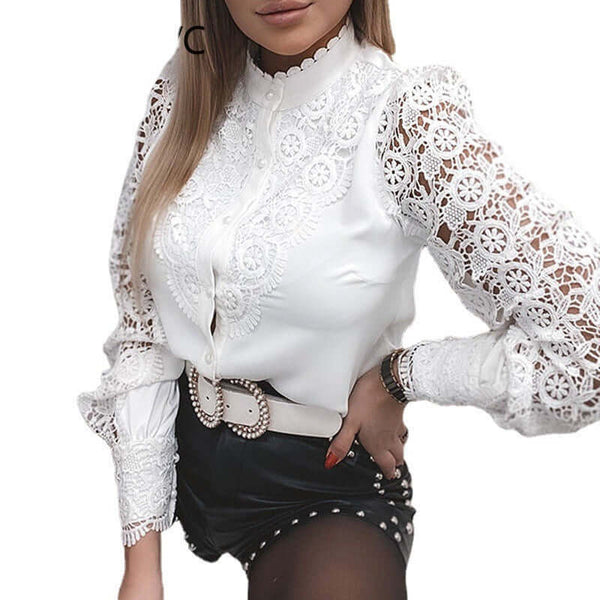 White Lace Long Sleeved V Neck Lace Shirt blouse Luxurious Weddings