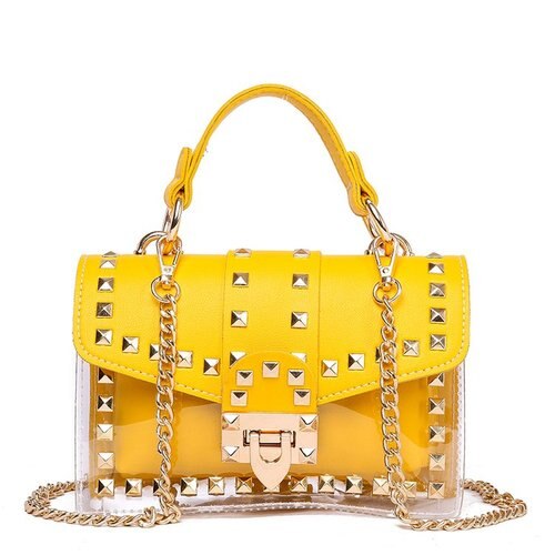 Bright yellow handbag with studs and chain strap, perfect for luxurious weddings and stylish outings.