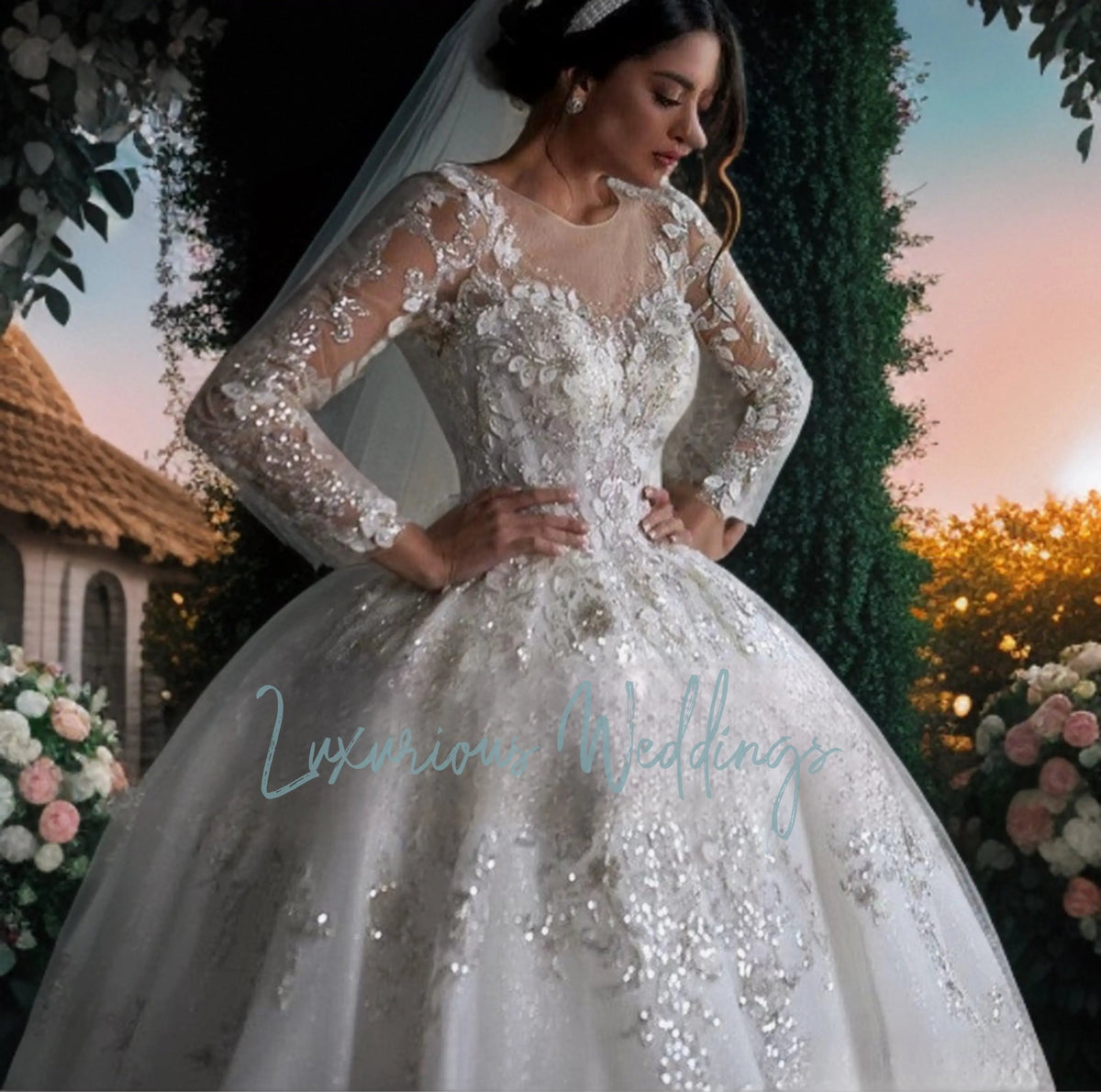 Classic Scoop Neck Long Sleeve Ball Gown Wedding Dress Luxurious Weddings