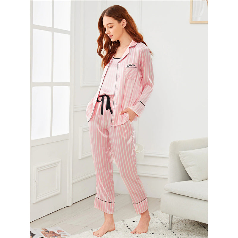 Pink 7Pcs Letter Embroidered Striped PJ Set With Shirt sleepwear Luxurious Weddings