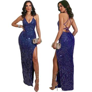Backless Strap Slit Sequins Nightclub Party Dress backless dress Luxurious Weddings