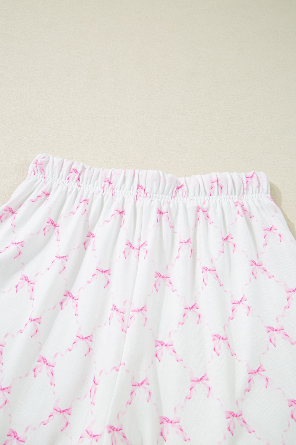 Bow Print Lettuce Trim Round Neck Top and Shorts Lounge Set sleepwear Luxurious Weddings