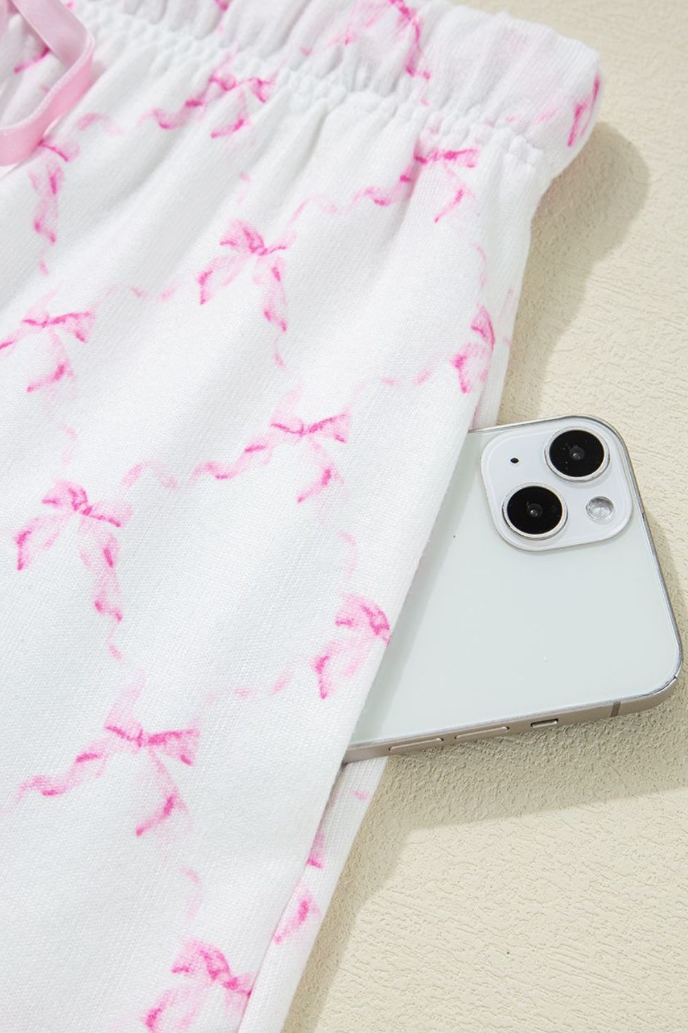 Bow Print Lettuce Trim Round Neck Top and Shorts Lounge Set sleepwear Luxurious Weddings