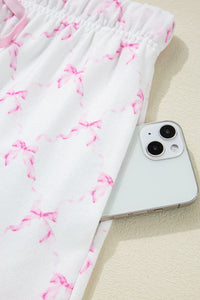 Bow Print Lettuce Trim Round Neck Top and Shorts Lounge Set sleepwear Luxurious Weddings