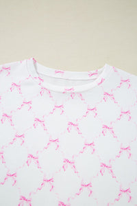 Bow Print Lettuce Trim Round Neck Top and Shorts Lounge Set sleepwear Luxurious Weddings