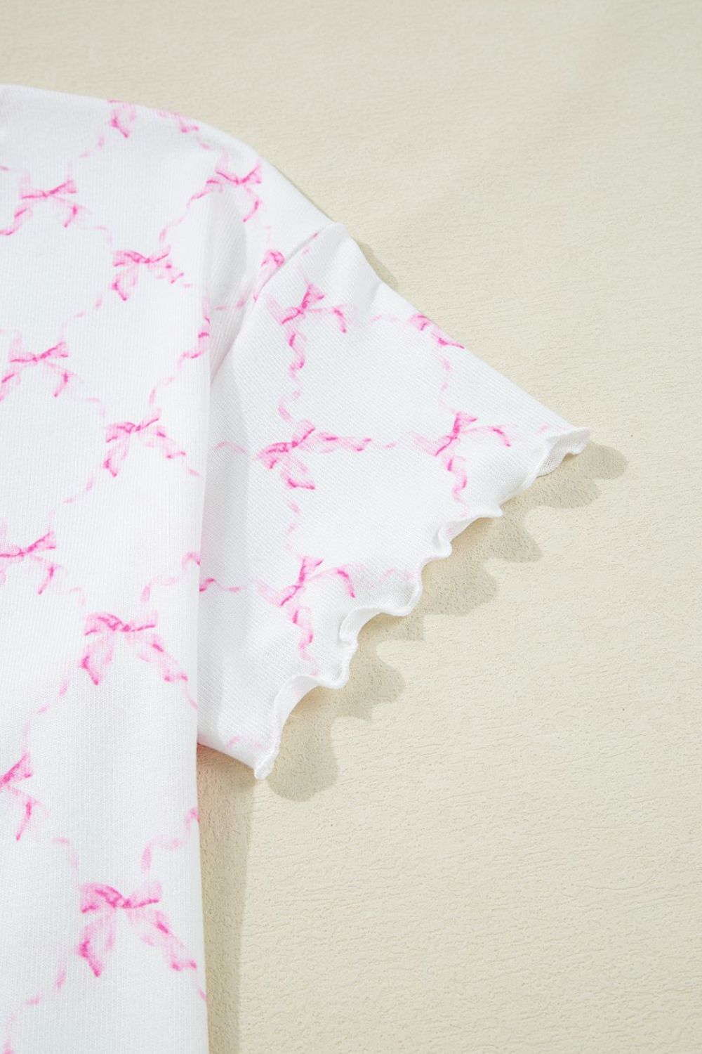 Bow Print Lettuce Trim Round Neck Top and Shorts Lounge Set sleepwear Luxurious Weddings