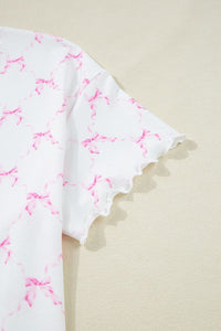 Bow Print Lettuce Trim Round Neck Top and Shorts Lounge Set sleepwear Luxurious Weddings