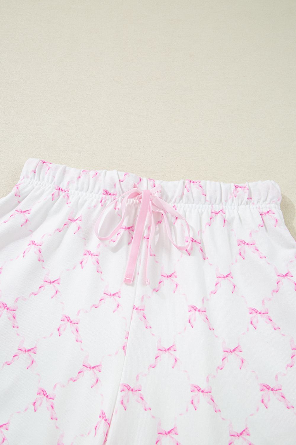Bow Print Lettuce Trim Round Neck Top and Shorts Lounge Set sleepwear Luxurious Weddings