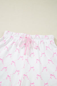 Bow Print Lettuce Trim Round Neck Top and Shorts Lounge Set sleepwear Luxurious Weddings