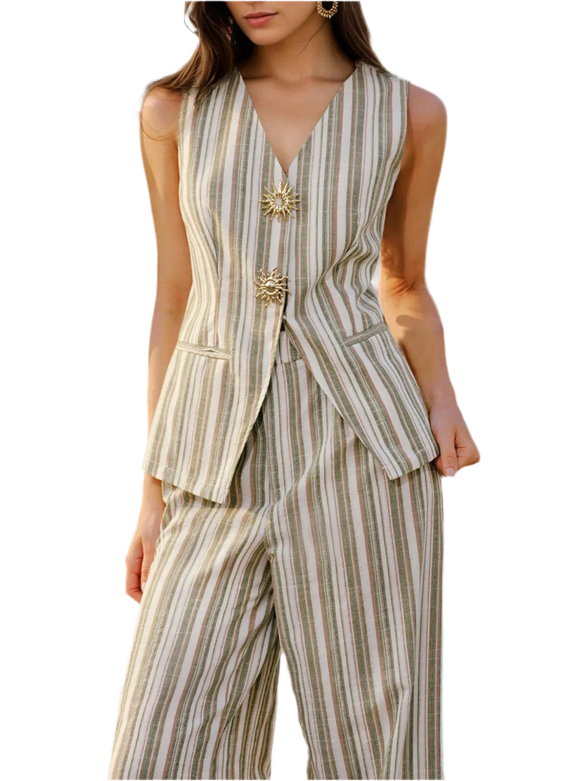 Striped Sleeveless V-Neck Top and Pants Two-Piece Set