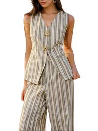 Striped Sleeveless V-Neck Top and Pants Two-Piece Set