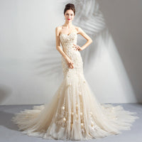 Romantic Light Champagne Mermaid Wedding Dress Sweetheart Lace Flower Fishtail Wedding Mermaid Wedding Dress