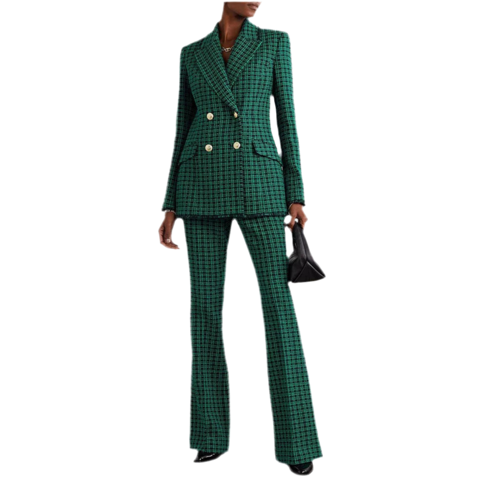 Green Checkered Double Breasted Button Women's Suit