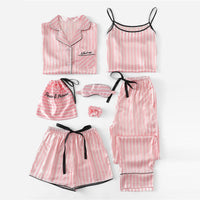 Pink 7Pcs Letter Embroidered Striped PJ Set With Shirt sleepwear Luxurious Weddings