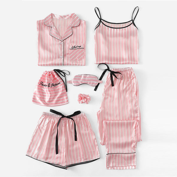 Pink 7Pcs Letter Embroidered Striped PJ Set With Shirt sleepwear Luxurious Weddings