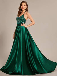 Sleeveless Fit V-Neck A-Line Backless Satin Shiny Custom Evening Dress Luxurious Weddings