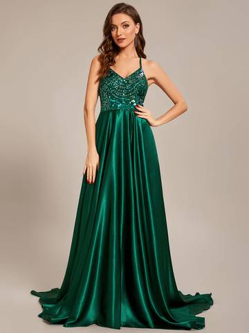 Sleeveless Fit V-Neck A-Line Backless Satin Shiny Custom Evening Dress