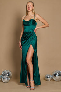 Corset Cowl Satin Prom Dress – Draped Spaghetti Strap Formal Gown with Slit Maxi Dress Luxurious Weddings