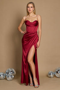 Corset Cowl Satin Prom Dress – Draped Spaghetti Strap Formal Gown with Slit Maxi Dress Luxurious Weddings