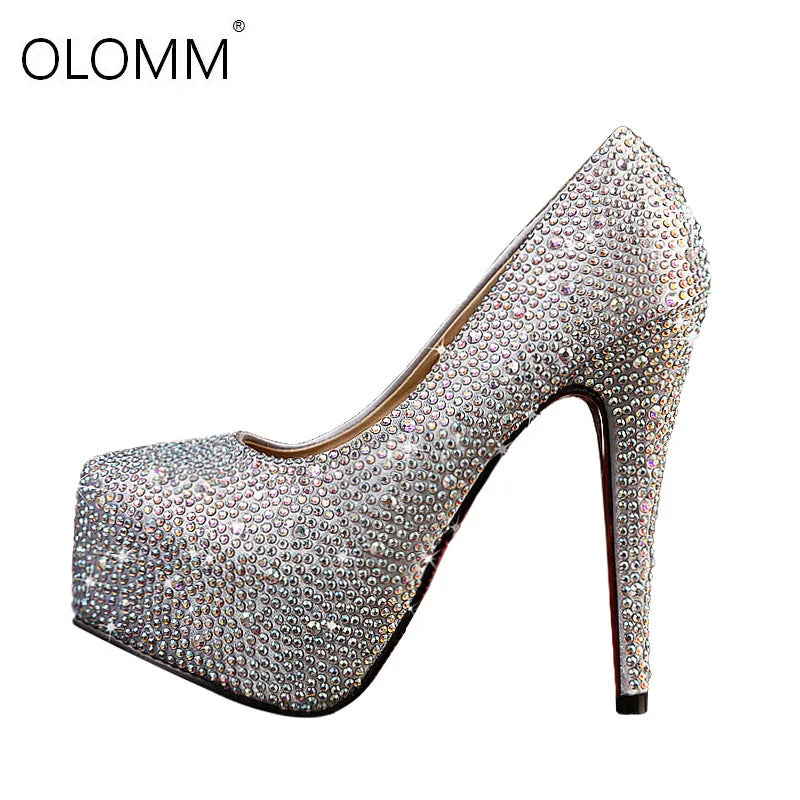 a women's high heeled shoe with crystal stones