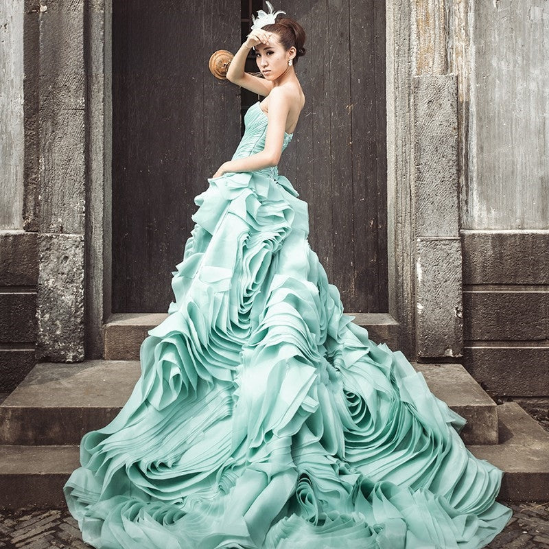 Handmade Cyan Flower Roll Formal Dress DRESSES Luxurious Weddings