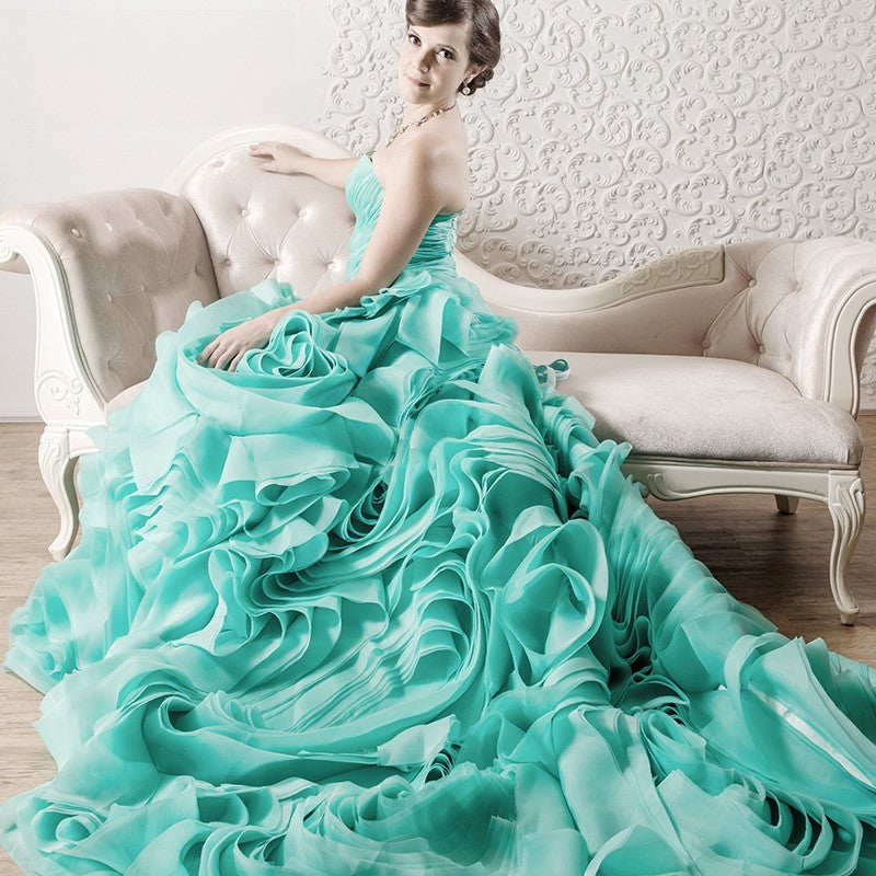 Handmade Cyan Flower Roll Formal Dress DRESSES Luxurious Weddings