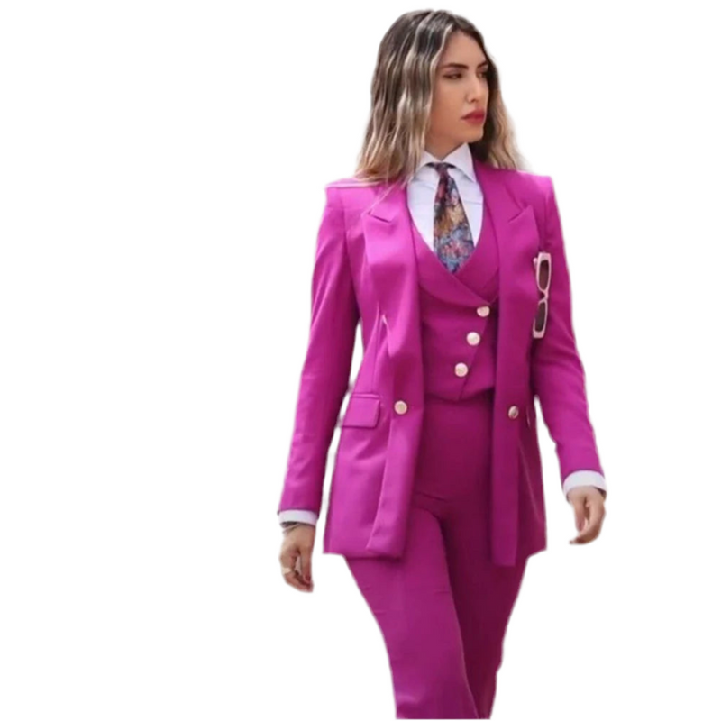 Woman wearing a pink suit with a white shirt and patterned tie on a white background