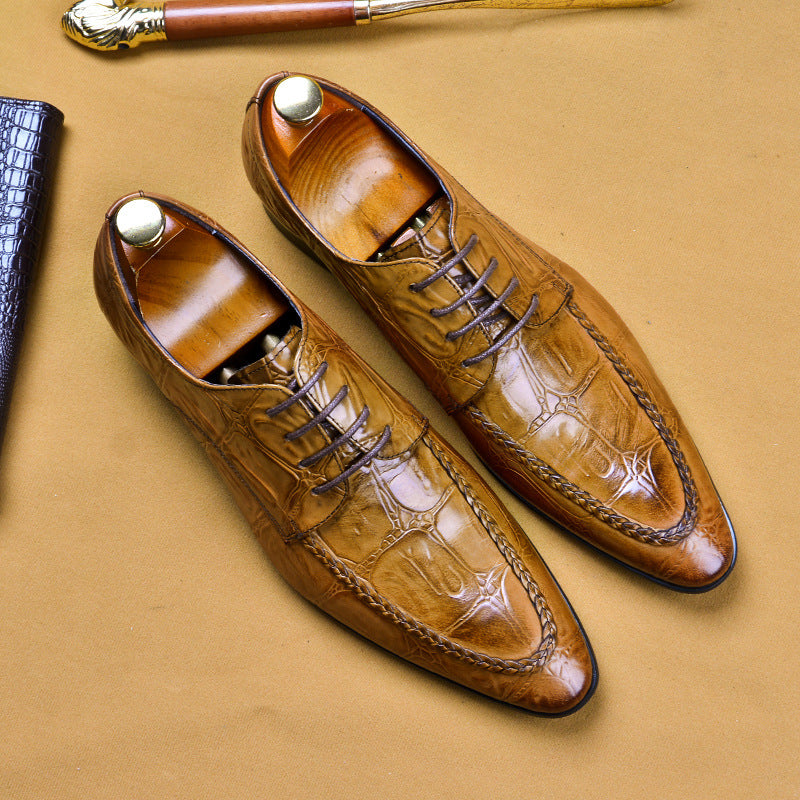 a pair of brown shoes sitting on top of a table