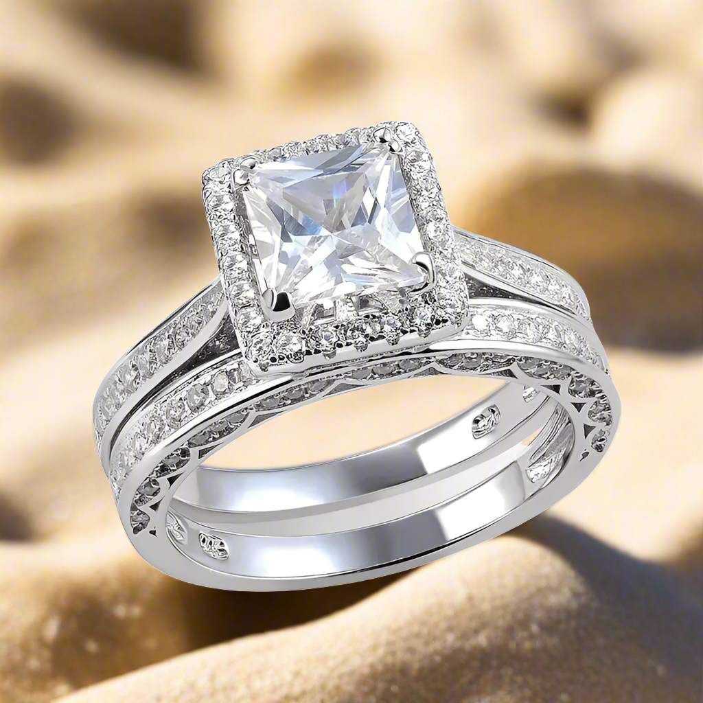 2 Piece Wedding Ring Set Princess Cut AAAAA CZ 925 Sterling Silver