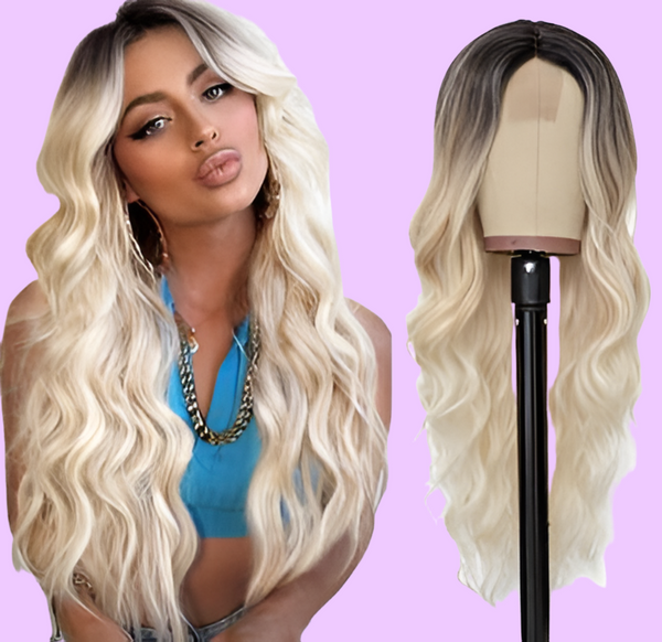 a blonde wig with long wavy hair