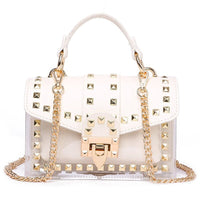 Elegant white handbag with studs and gold chain, perfect for luxurious weddings and stylish events.