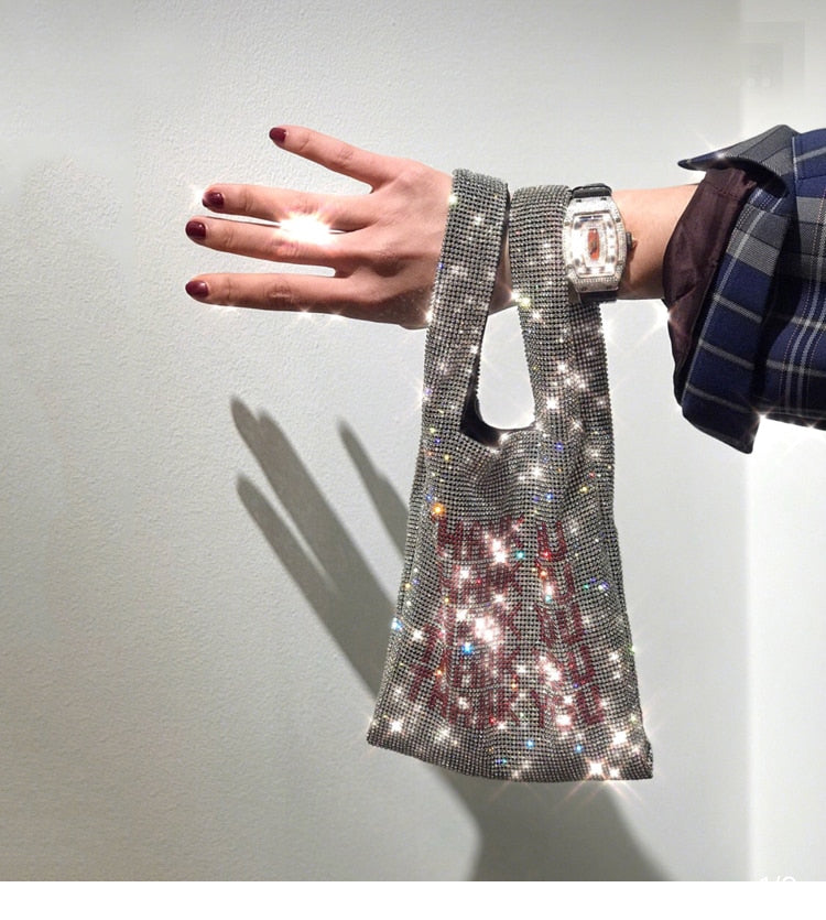 Thank You Crystal Sequins Tote Bag held by hand, ideal for luxurious weddings and fashionable outings.