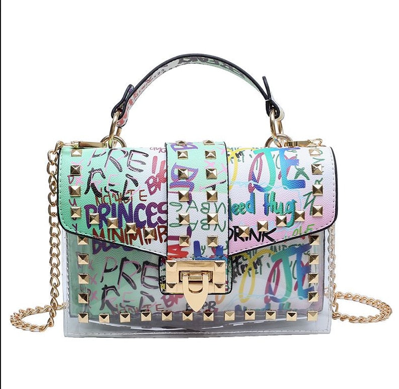 Colorful artistic handbag with studs and chain strap, perfect for luxurious weddings and stylish events.