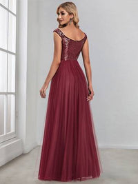 Off Shoulder Tulle & Sequin Sleeveless Evening Dress