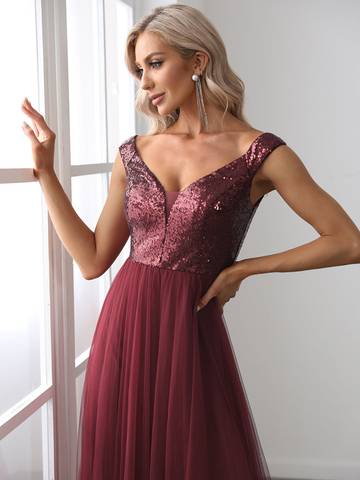 Off Shoulder Tulle & Sequin Sleeveless Evening Dress