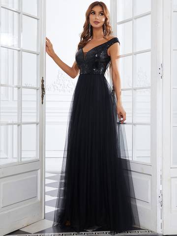 Off Shoulder Tulle & Sequin Sleeveless Evening Dress