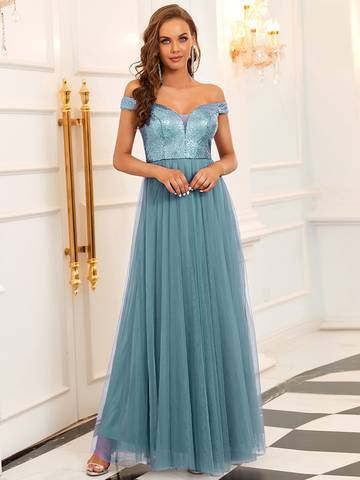 Off Shoulder Tulle & Sequin Sleeveless Evening Dress