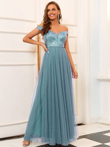 Off Shoulder Tulle & Sequin Sleeveless Evening Dress