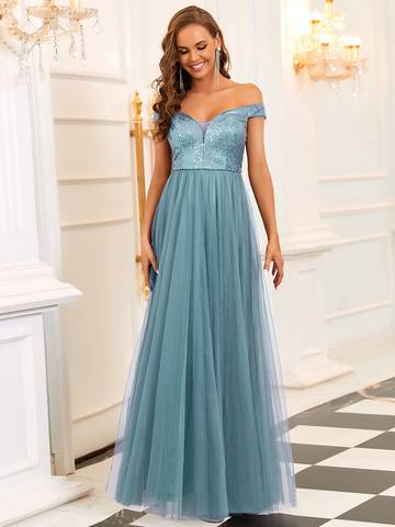 Off Shoulder Tulle & Sequin Sleeveless Evening Dress