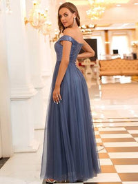 Off Shoulder Tulle & Sequin Sleeveless Evening Dress