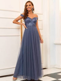 Off Shoulder Tulle & Sequin Sleeveless Evening Dress