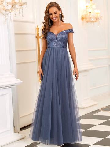 Off Shoulder Tulle & Sequin Sleeveless Evening Dress Luxurious Weddings