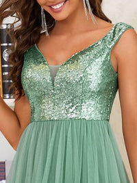 Off Shoulder Tulle & Sequin Sleeveless Evening Dress