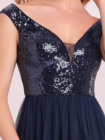 Off Shoulder Tulle & Sequin Sleeveless Evening Dress